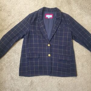 Draper James RSVP Women's Navy Blue Gold Plaid Wool Blend Blazer Jacket XXL